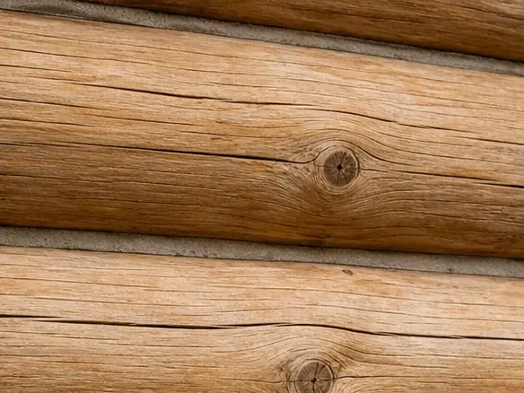 Close-up of the same log cabin wall stripped to bare wood